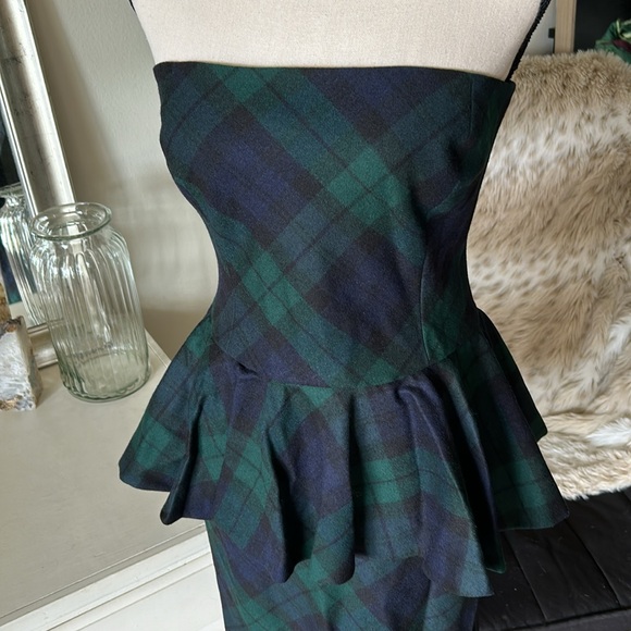 NWT VTG deadstock Rugby RL Tartan plaid peplum wool mini strapless Dress 10 - Picture 3 of 16